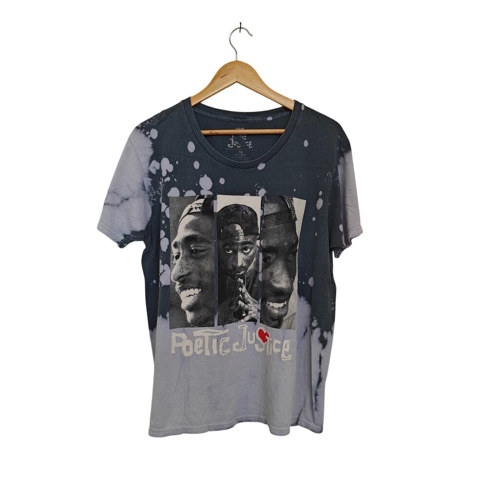 Tupac Poetic Justice Bleach Dye Graphic Tee Shirt Black Gray 1X Rap Tee